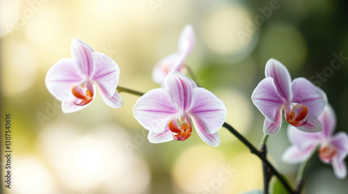 Obraz na płótnie Delicate orchids in full bloom on a slender stem, softly illuminated against a blurred natural background w salonie