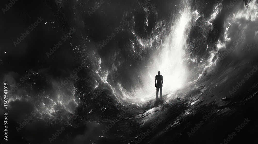 Fototapeta premium Man Stands at Cosmic Cliff, Seeking Light, Dramatic Clouds
