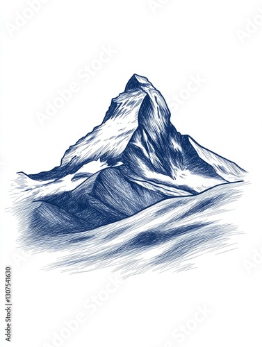 Detailed illustration of the Matterhorn mountain, snowy peaks,  blue ink drawing photo