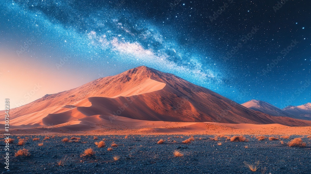 Fototapeta premium Expansive Desert Landscape Under Starry Sky with Swirling Galaxies