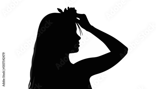 Silhouette of a woman arranging her hair against a bright background