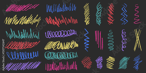 Pencil underlines, crayon scribble brush and line. Multi colored kids crayon scribble line and stroke. Crayon elements in grunge style. 