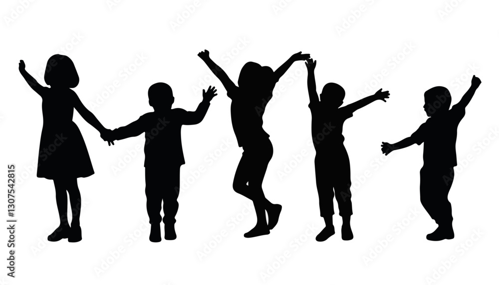 Fototapeta premium Silhouetted children celebrating joyfully against a white background