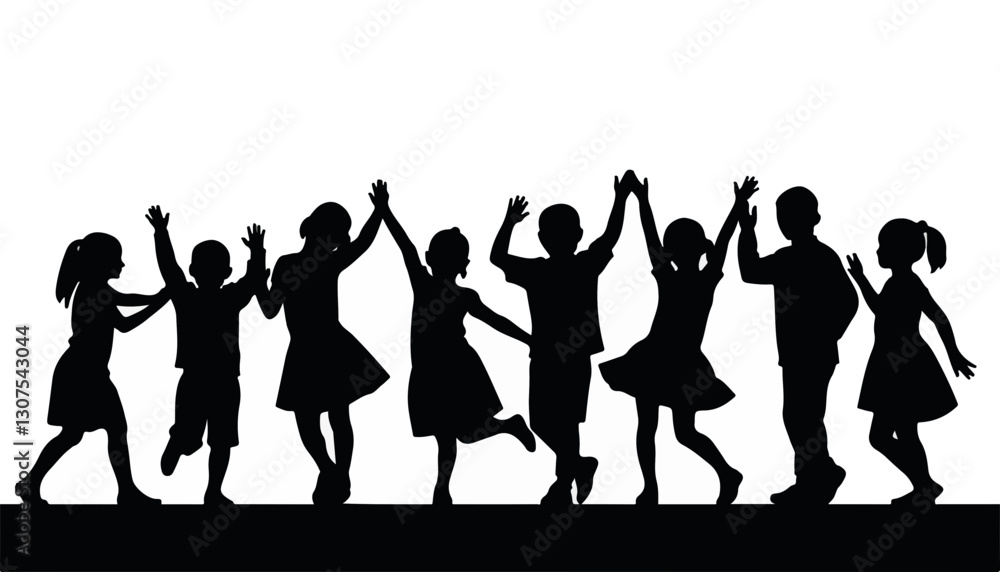 Fototapeta premium Children dancing joyfully in black silhouettes