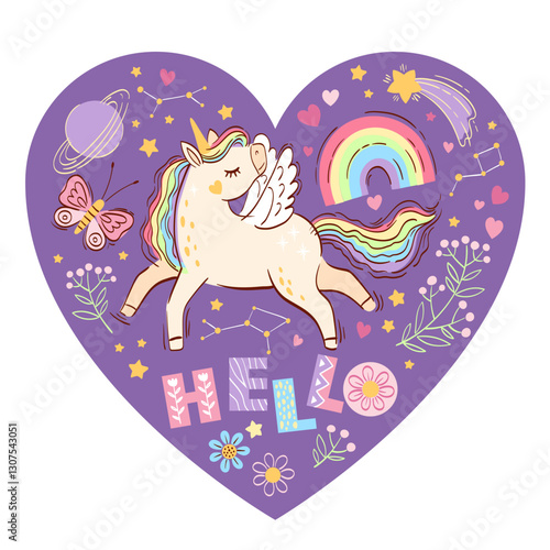 Hand drawn vector frame in the shape of a heart. Cute unicorn among clouds, flowers and stars. Hello. Bright illustration in purple colors for design of nursery, clothes, children's room, poster