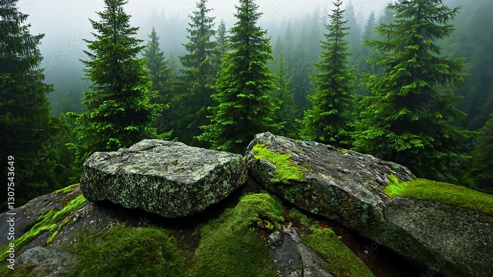 Misty forest with rocks Misty forest with rocks