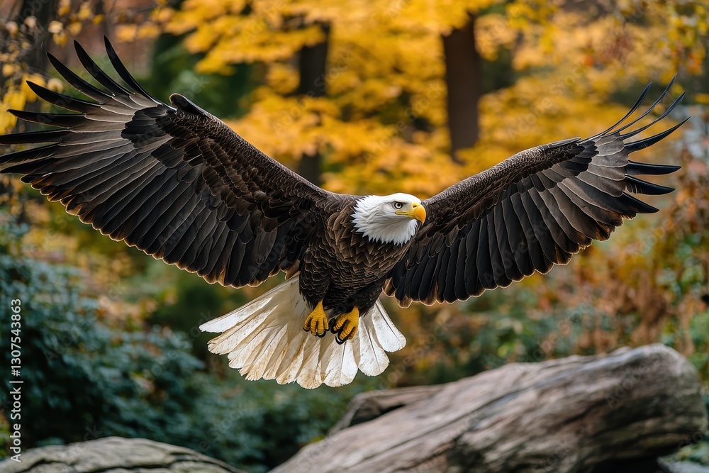 Fototapeta premium Majestic Eagle in Flight Against Sunlit Autumn Landscape