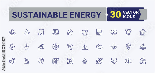 Sustainable Energy vector icon set. Featuring water, solar panel, power, station, renewable energy, light and more. Perfect for logos and infographic. Editable stroke icon collections.
