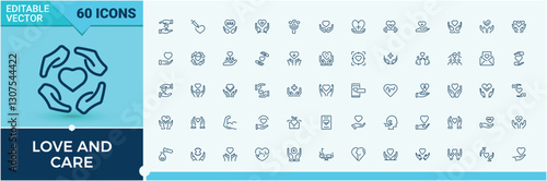 Love And Care icons set. Featuring teamwork, quality, responsibility, health, respect, giving and more. Thin UI icon design. Minimal icon collections.