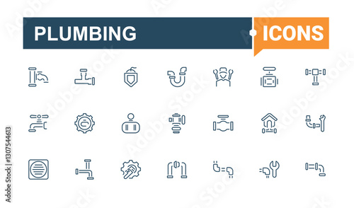 Plumbing vector line icon set. Includes icons for drop, graphic, plumber, wash, toilet and more. Collection for mobile and web apps. Editable vector stroke.