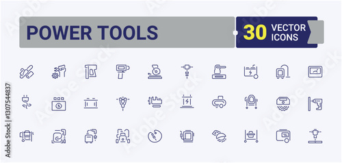 Set of Power Tools line icons. Contains such icons as angle, equipment, chaser, hacksaw, jackhammer, industry and more. Thin icon design. Minimalist editable vector stroke.