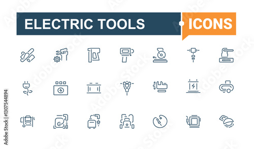 Electric Tools line icons set. Contain linear outline icons perforator, instrument, engrave, blade, equipment, building, router, chaser. Thin icon design. Editable stroke. Vector illustration.