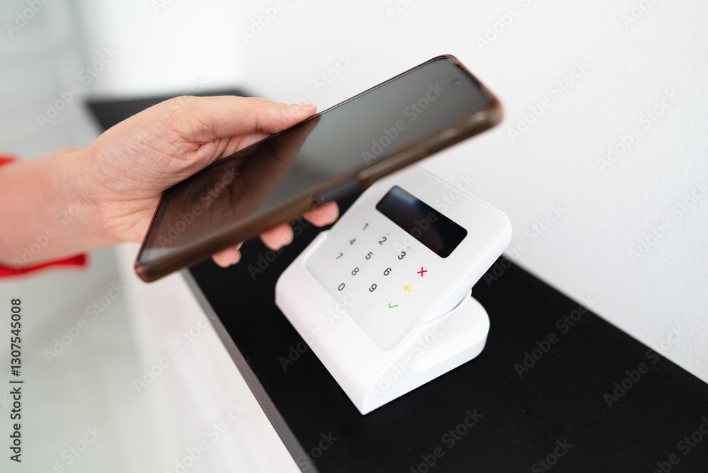 Woman's hand making a contactless payment with a phone. Woman's hand making a contactless payment with a phone.