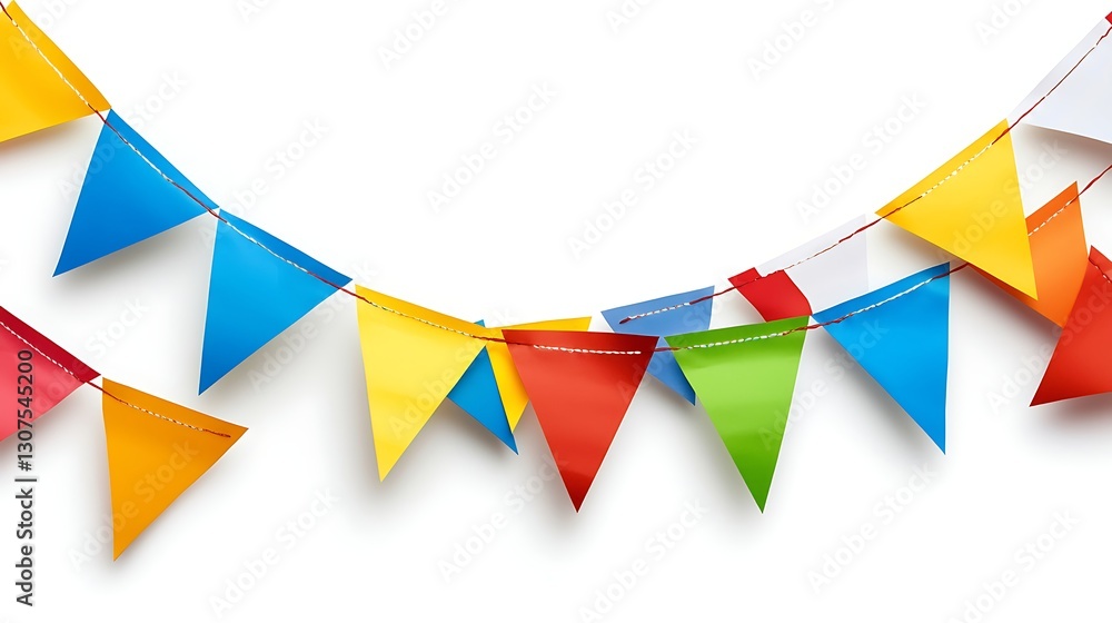 A festive arrangement of colorful bunting flags strung across a plain white background, with realistic soft shadows that create depth and a sense of movement. A festive arrangement of colorful bunting flags strung across a plain white background, with realistic soft shadows that create depth and a sense of movement.
