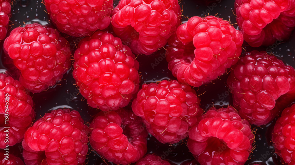 Fresh raspberries with water droplets, close-up shot of red fruit Fresh raspberries with water droplets, close-up shot of red fruit