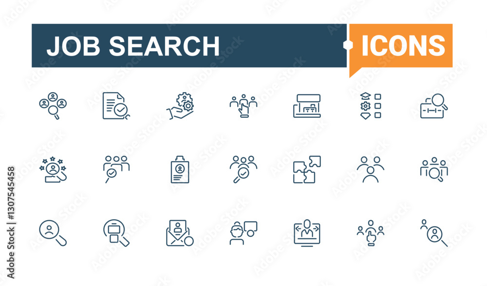 Job Search icon set. Includes icons for man, process, recruitment, resource, human resources, headhunting, search, employee, team. UI icon set in a thin design. Minimalist editable vector stroke. Job Search icon set. Includes icons for man, process, recruitment, resource, human resources, headhunting, search, employee, team. UI icon set in a thin design. Minimalist editable vector stroke.