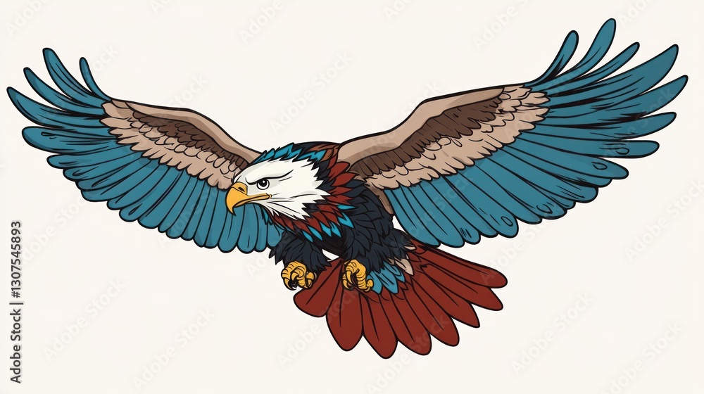 Obraz premium Cartoon eagle soars with blue, brown, red feathers, isolated on white. For icons, logos, or graphics use