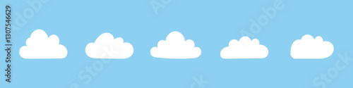 Fluffy clouds. Flat clouds in blue sky. Puffy, cumulus clouds on blue background. Cloudy shapes simple mockups. Weather element templates. Objects cloudscape layout. Hand drawn minimalist white icons.
