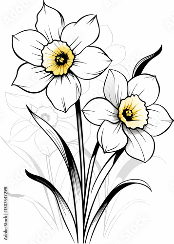 Two white daffodils with yellow centers against muted gray background. Looking delicate and artistic with bold outline style. Perfect for spring occasions. Concept: tattoo studio, stationery design