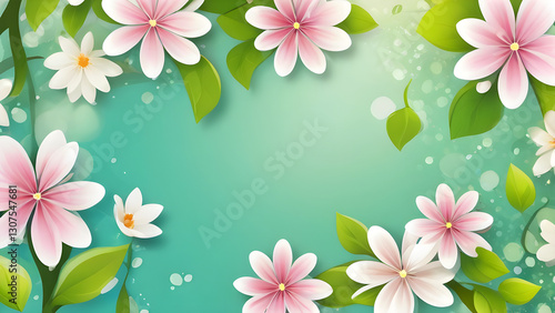 Soft pink blossoms surrounding verdant foliage against blurred turquoise backdrop, presenting serene seasonal botanical composition