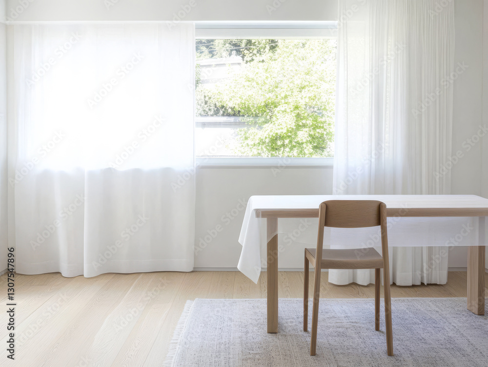 Fototapeta premium Minimalist dining area with a wooden table and chair overlooking a bright window