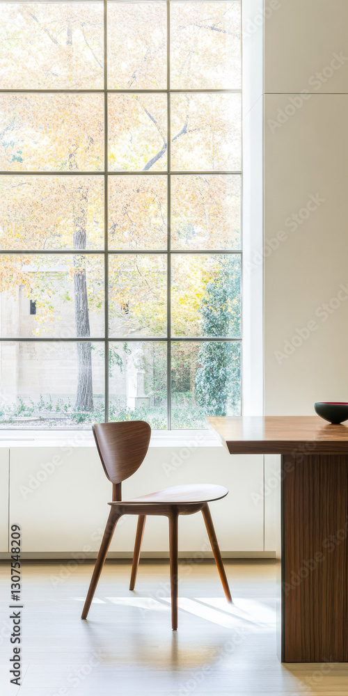 Fototapeta premium Modern chair and table by large window with autumn views in a minimalist room