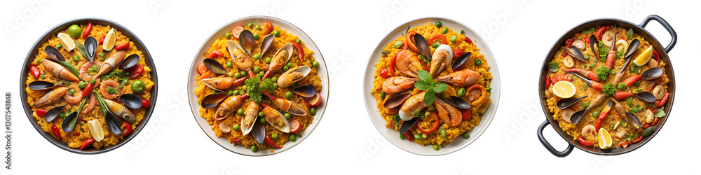 Savor the flavor authentic valencian paella from above isolated on a transparent background. Savor the flavor authentic valencian paella from above isolated on a transparent background.
