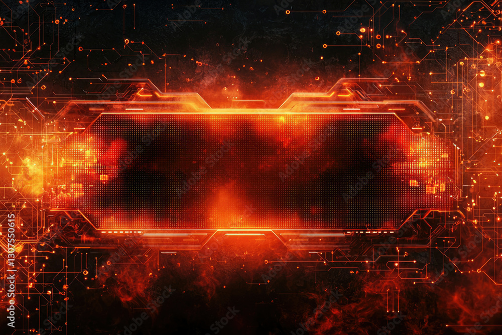 Fototapeta premium Fiery digital interface, glowing orange circuit board with central display, futuristic technology background.