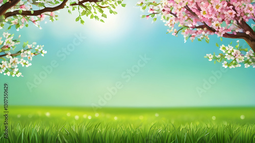 Beautiful spring landscape with blooming trees framing a green grass field under blue sky, perfect for nature and seasonal projects