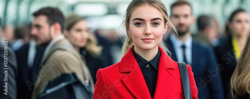 Confident Woman in Red Coat Amid Business Crowd in Urban Setting