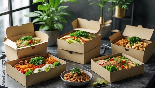 Assortment of healthy and delicious meal boxes ready for delivery or takeout