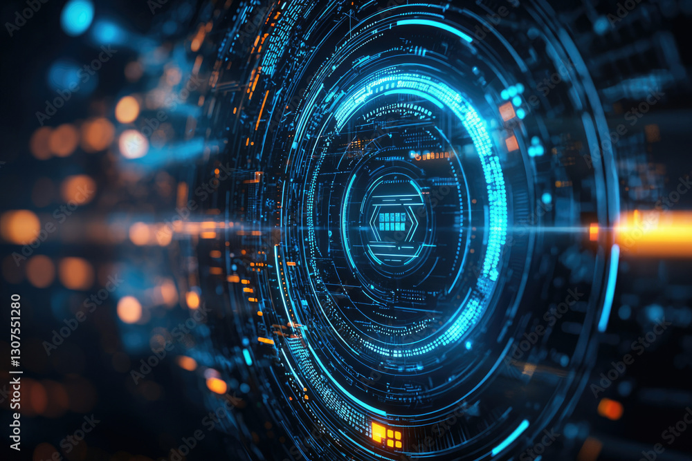 Fototapeta premium Abstract digital interface with glowing blue and orange concentric circles, showcasing futuristic technology.