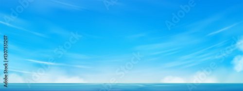 Sky Blue,Cloud Background,Horizon Spring Clear Sky in Morning by the beach,Vector beautiful landscape nature sunrise in Summer,Backdrop panoramic banner white clouds over blue ocean,Sunset landscape