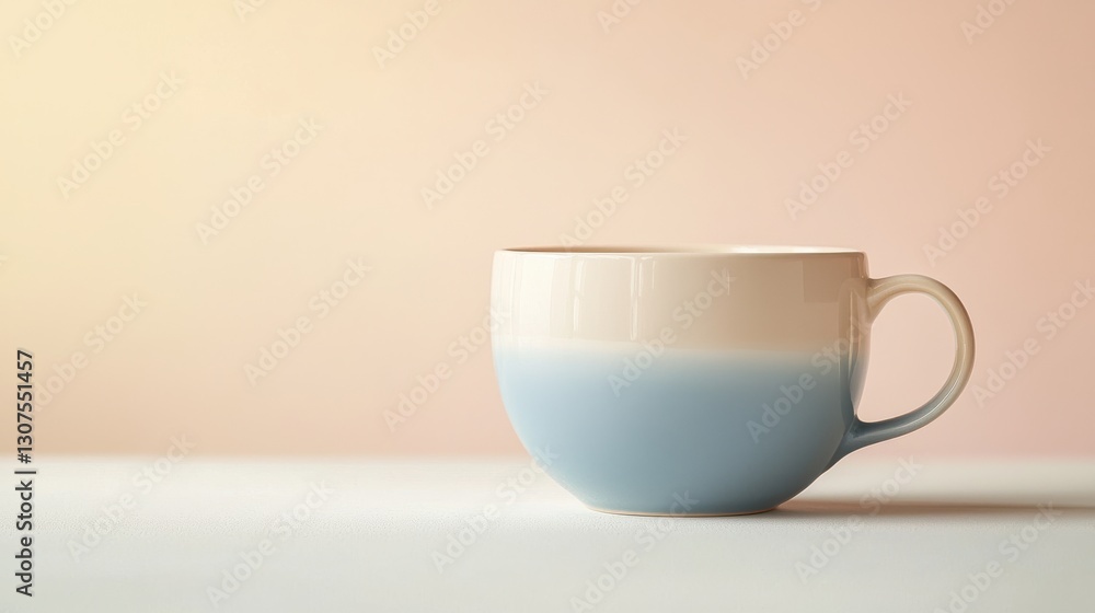 Fototapeta premium Pastel Blue and Off White Ceramic Teacup on White Surface with Pink Background