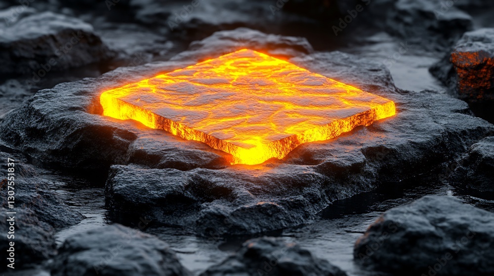 Glowing Lava Square Mysteriously Resting on Dark Rocks. AI Generated Glowing Lava Square Mysteriously Resting on Dark Rocks. AI Generated