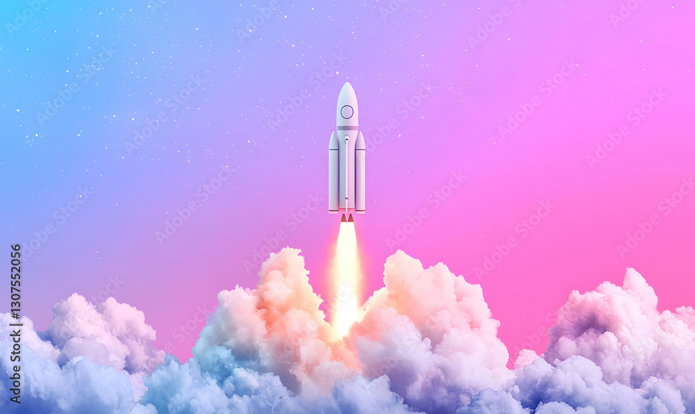 Fototapeta premium Rocket Launching Into Colorful Sky With Clouds and Gradient Background