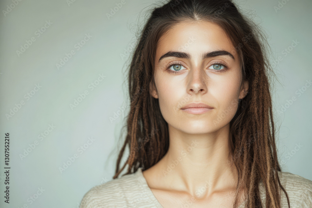 Young woman with dreadlocks and striking blue eyes portraits in soft lighting indoors Young woman with dreadlocks and striking blue eyes portraits in soft lighting indoors
