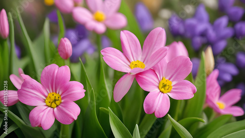 Pink rhodophiala bifida blossoming amid green foliage and purple tulips, presenting vibrant garden springtime color palette