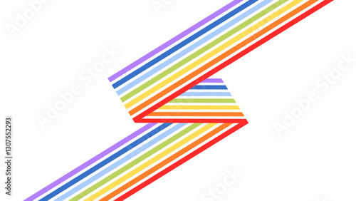 Colorful diagonal rainbow stripes with a sharp folded intersection on a white background