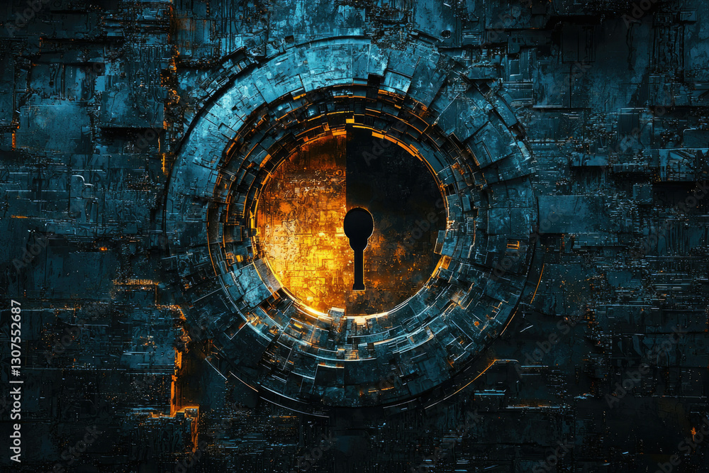 Fototapeta premium Abstract digital art depicting a futuristic keyhole within a complex, metallic, circular structure.