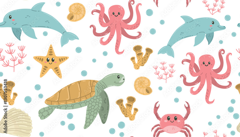 Playful dancing sea animals seamless pattern. Turtle, dolphins, octopus and crab background decoration and apparel design. Playful dancing sea animals seamless pattern. Turtle, dolphins, octopus and crab background decoration and apparel design.