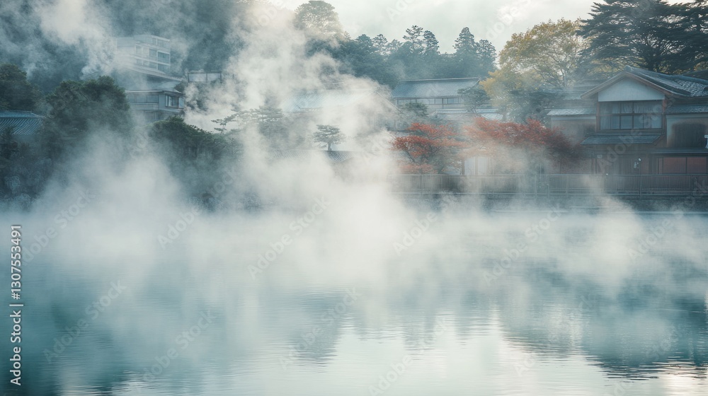 Misty hot spring village, steaming water reflecting buildings Misty hot spring village, steaming water reflecting buildings