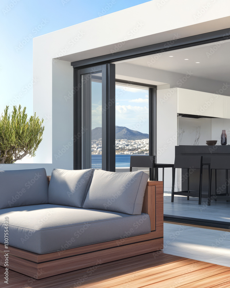 Fototapeta premium Modern outdoor lounge area with stunning ocean view and minimalist design