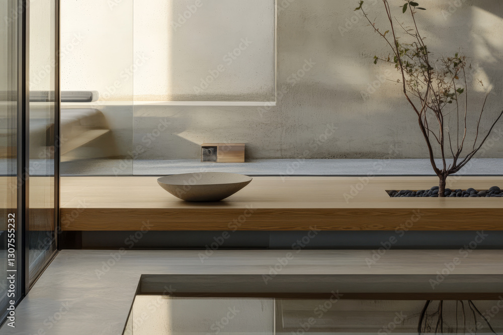 Serene indoor space featuring minimalist design and natural elements in soft lighting Serene indoor space featuring minimalist design and natural elements in soft lighting