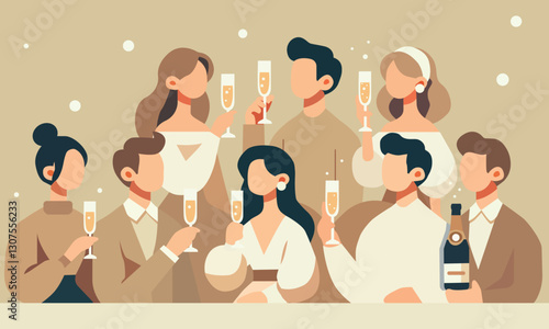 Vector illustration of a group of people raising champagne glasses during a festive celebration.