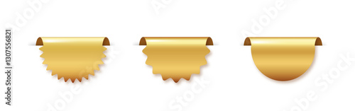 Gold tag set isolated. Realistic vector golden sales promotion banners, labels, ribbons collection for online shopping PNG