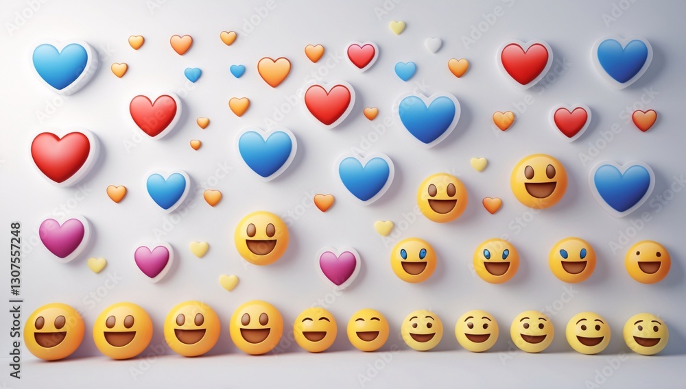 Joyful 3D Render of Emojis and Pixel Hearts on White Wall Background Joyful 3D Render of Emojis and Pixel Hearts on White Wall Background