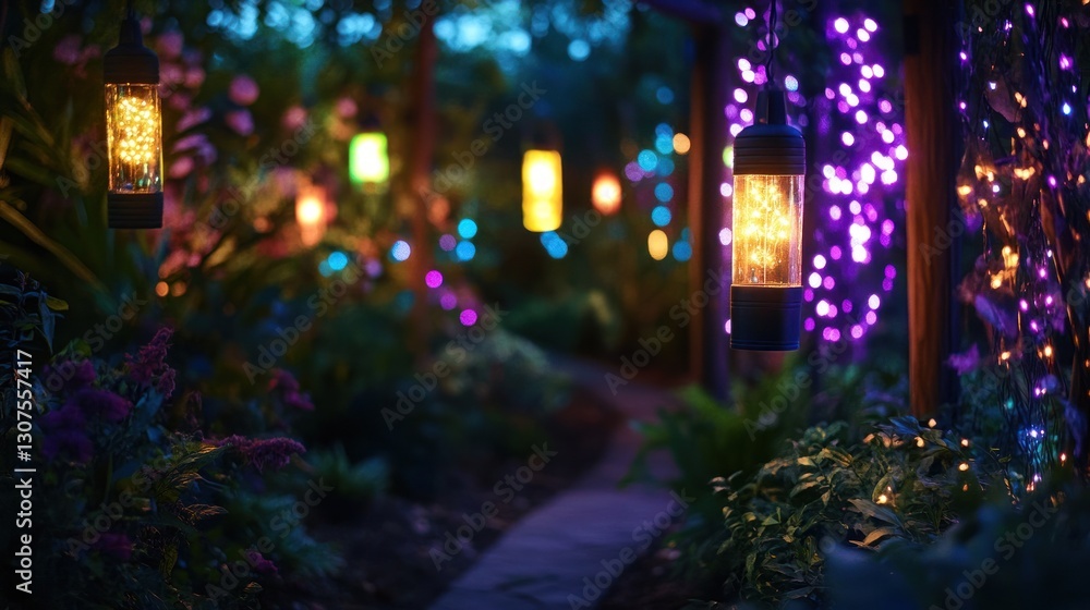 Garden path at twilight with colorful string lights Garden path at twilight with colorful string lights