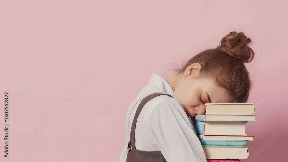 Tired college student napping on open textbooks, head resting against soft pink background, depicting academic burnout and mental fatigue Tired college student napping on open textbooks, head resting against soft pink background, depicting academic burnout and mental fatigue