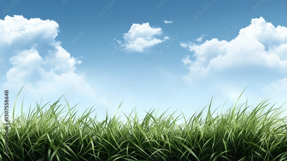 Fototapeta premium Bright green grass stretches across a tranquil field, set against a clear blue sky filled with soft white clouds on a sunny day